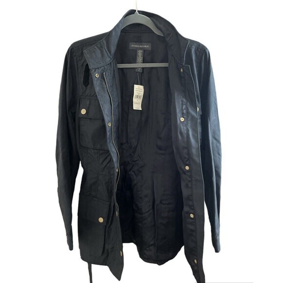 NWT Banana Republic Field Military Jacket Womens Size 8 Black Belted Zip Snap - Picture 13 of 15